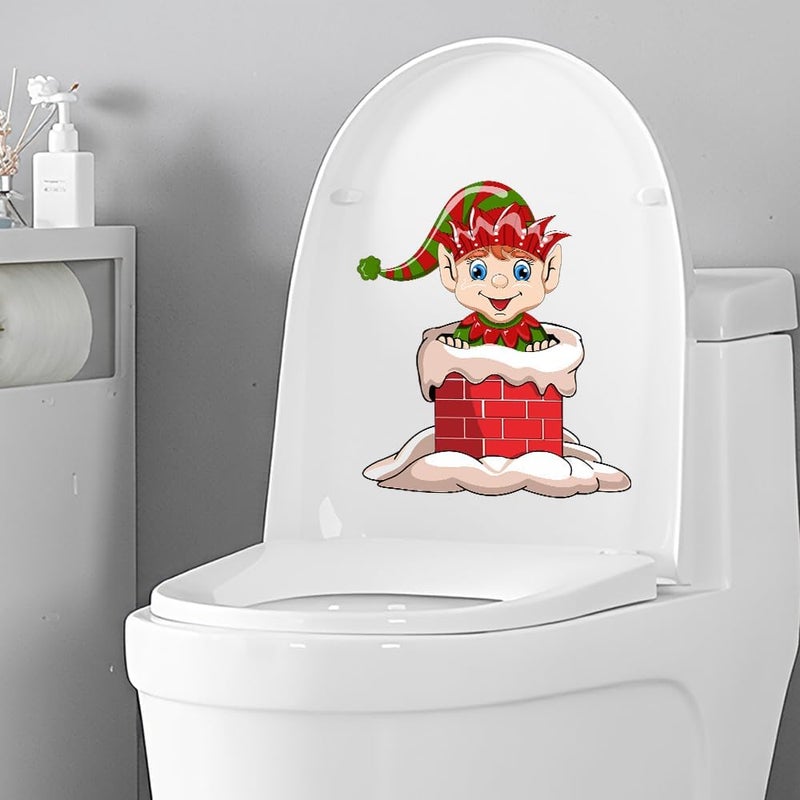 Iprokiu Christmas Toilet Sticker Chimney Santa Claus Reindeer Elf Toilet Seat Cover Decal Home Decor Waterproof Christmas Wall Sticker Elk Toilet Seat Lid Decal (Elf) - Image 3